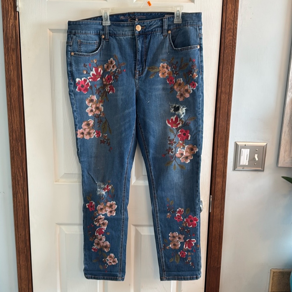 Seven7 Blue Denim Jeans with Painted Red and Brown Flowers